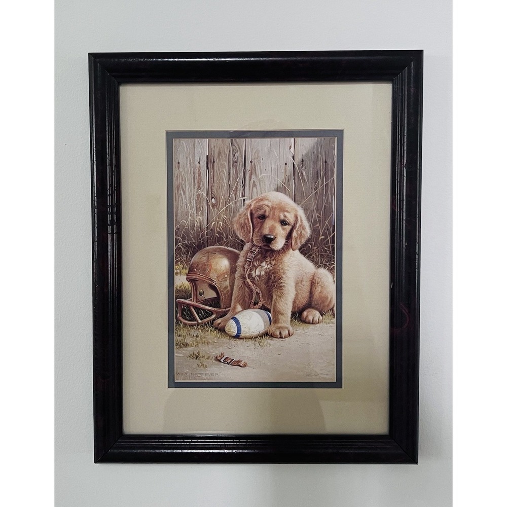 Jim Lamb Wide Retriever Framed Print Golden Retriever Puppy Football Dog Art